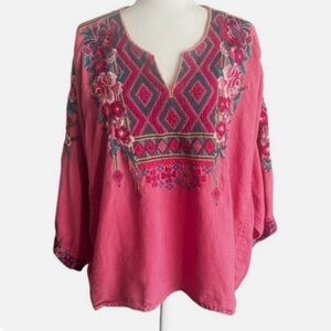 Johnny Was Los Rios Embroidered Linen Boho Peasant Tunic Blouse XS NWOT